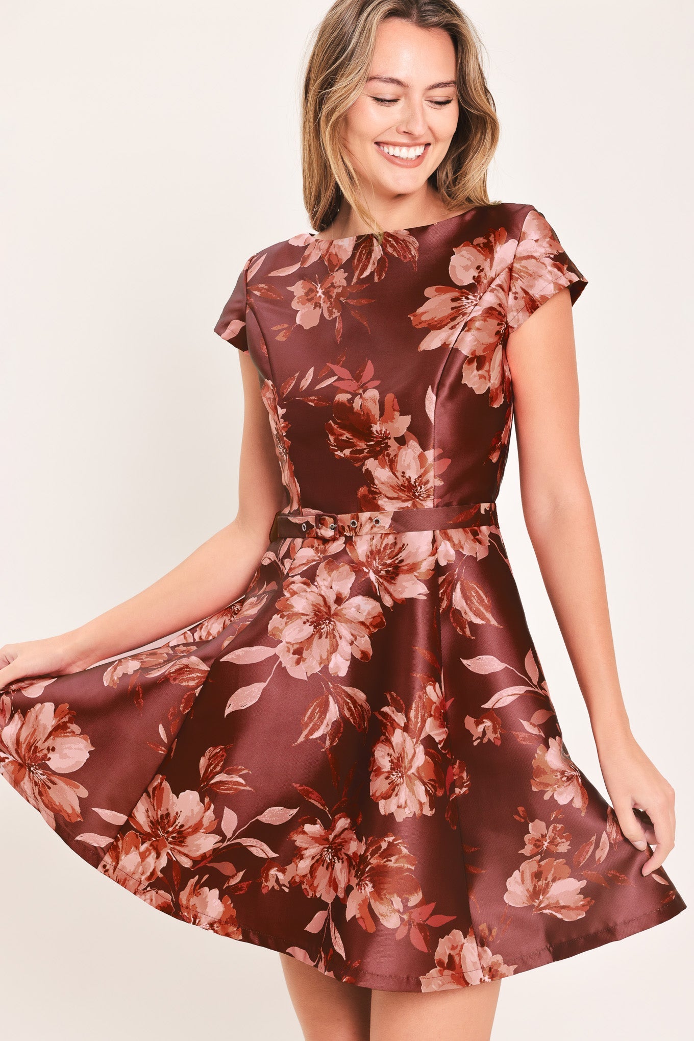 Mahogany Floral Kiss Woven Mini Dress