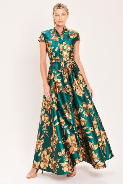 Emerald Golden Bloom Woven Maxi Dress