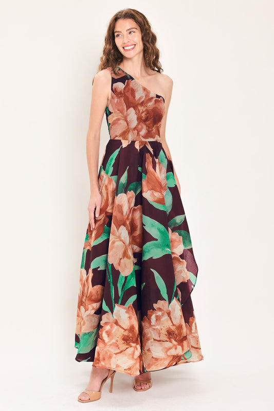Vintage Merlot Wine Printed One-shoulder Maxi Dress