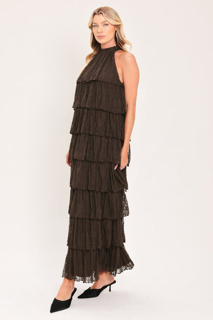 Deep Brown Lace Drift Halter Woven Maxi Dress