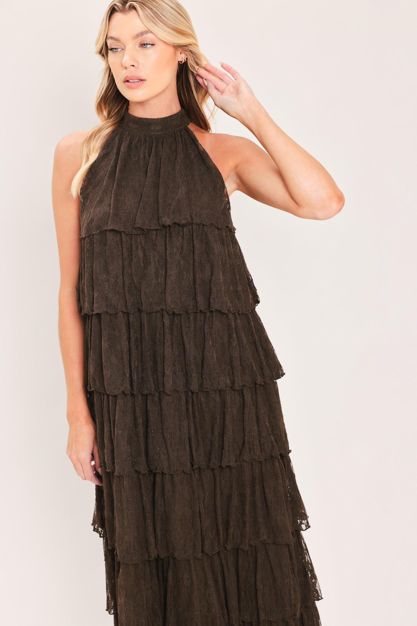 Deep Brown Lace Drift Halter Woven Maxi Dress