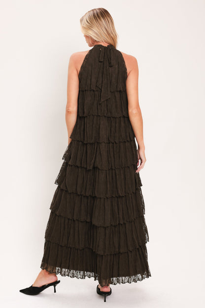 Deep Brown Lace Drift Halter Woven Maxi Dress