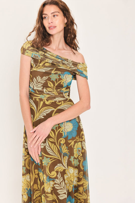 Teal Temptation Brown/teal Draped One-shoulder Mesh Midi Dress