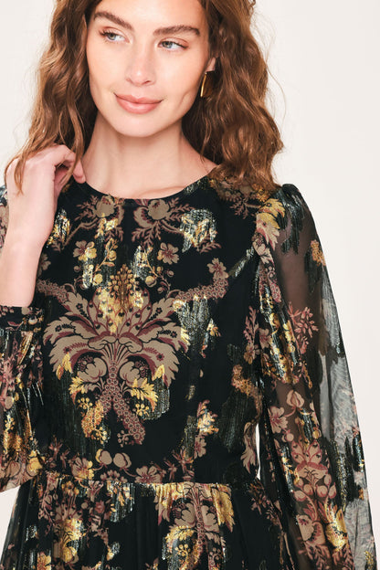 Midnight Flirt Black Printed Ruffle-hem Mini Dress