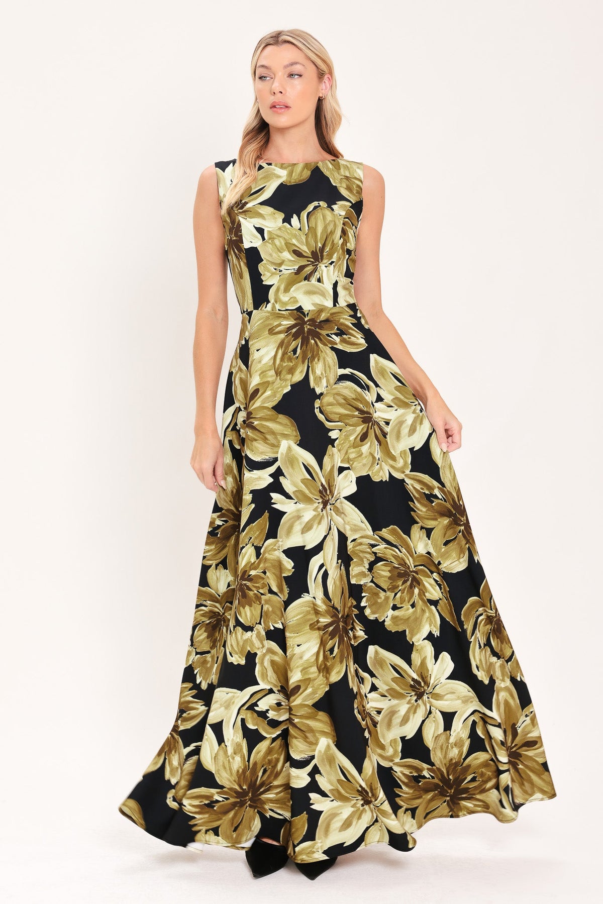 Antique Gold Bloom Woven Maxi Dress
