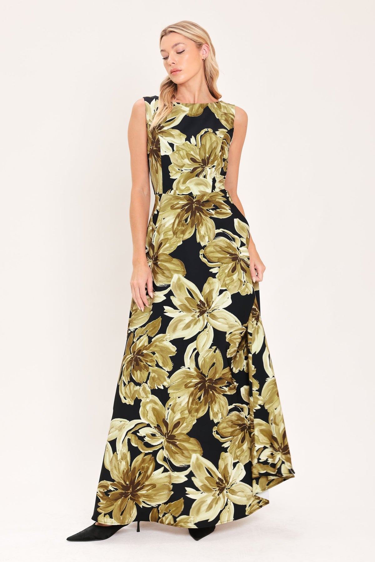 Antique Gold Bloom Woven Maxi Dress