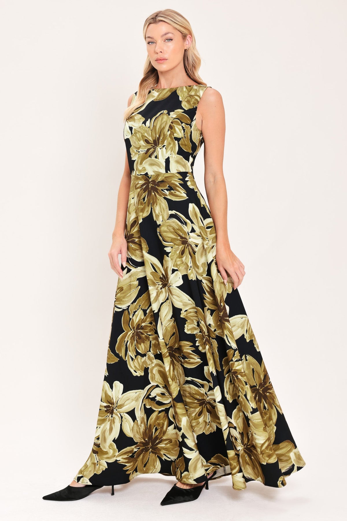 Antique Gold Bloom Woven Maxi Dress