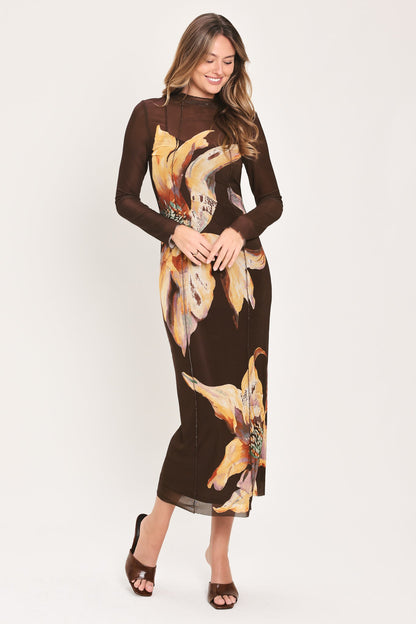 Mocha Mystique Dark Brown Printed Mesh Midi Dress
