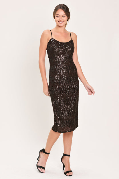 Bronze Afterglow Brown Sequin Slip Midi Dress