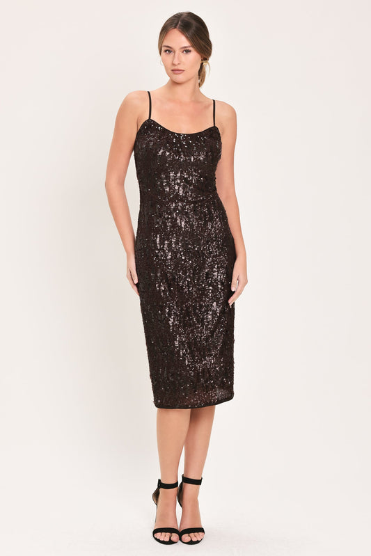 Bronze Afterglow Brown Sequin Slip Midi Dress