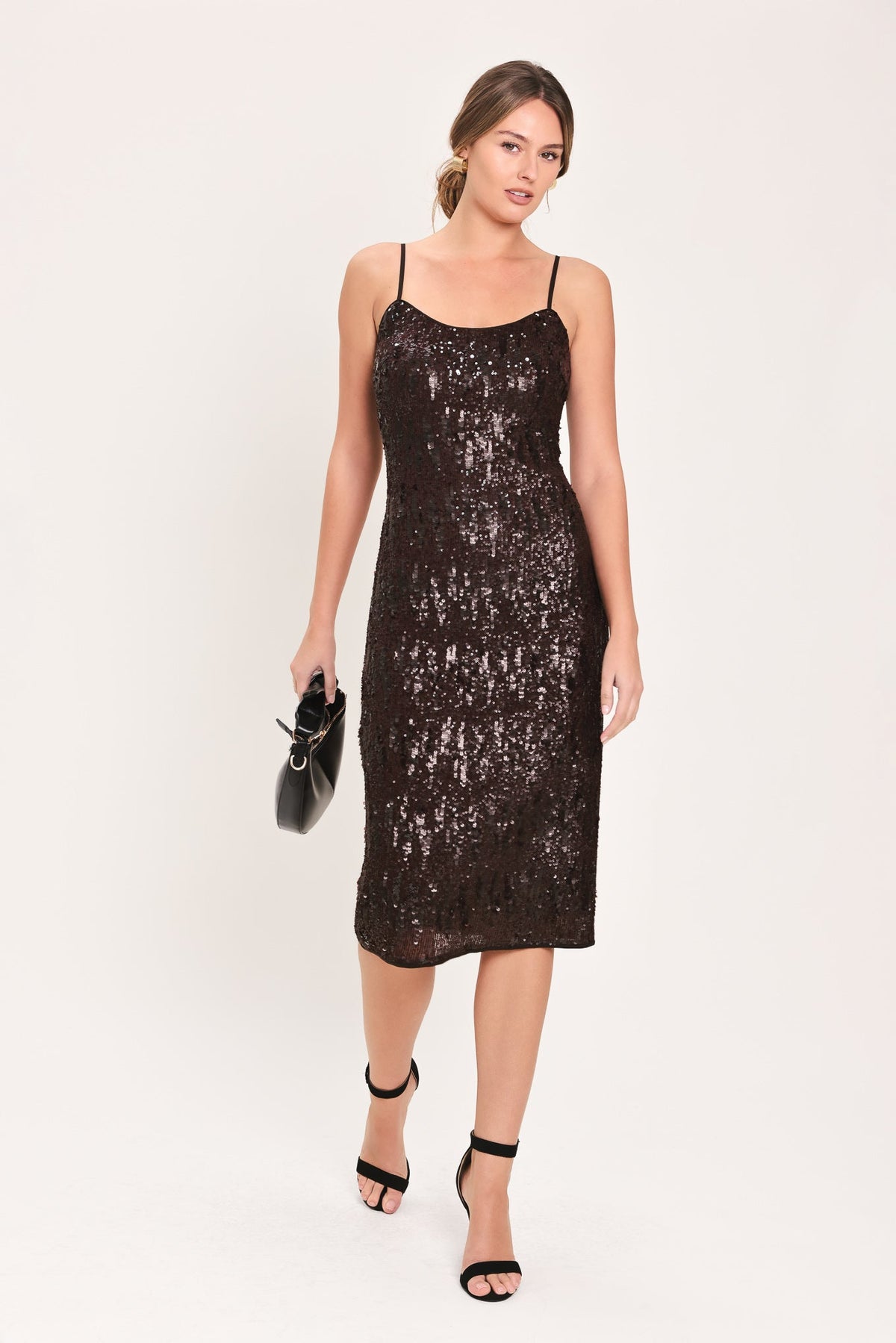 Bronze Afterglow Brown Sequin Slip Midi Dress