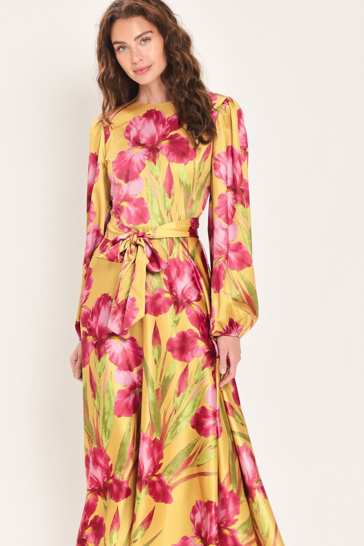 Golden Haze Golden Brown Printed Belted Midi Dress