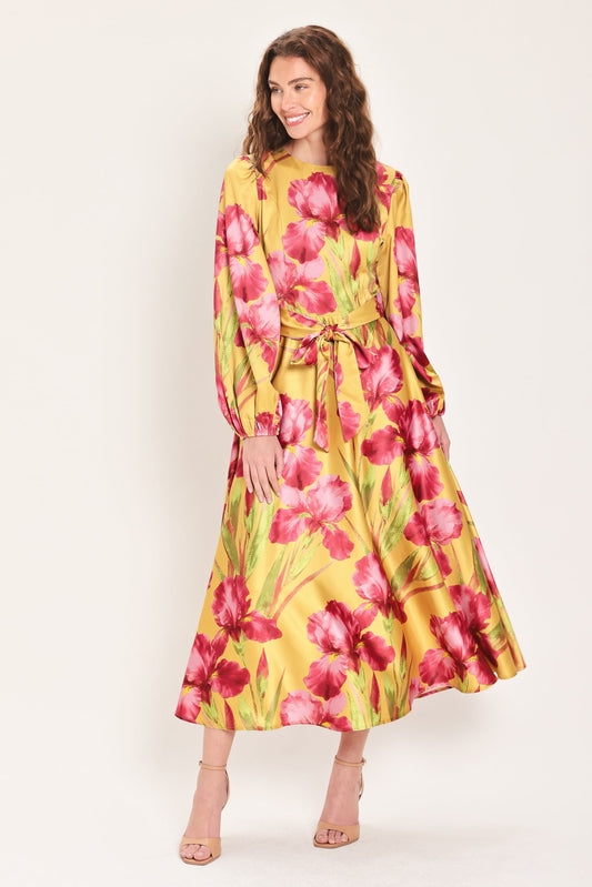Golden Haze Golden Brown Printed Belted Midi Dress