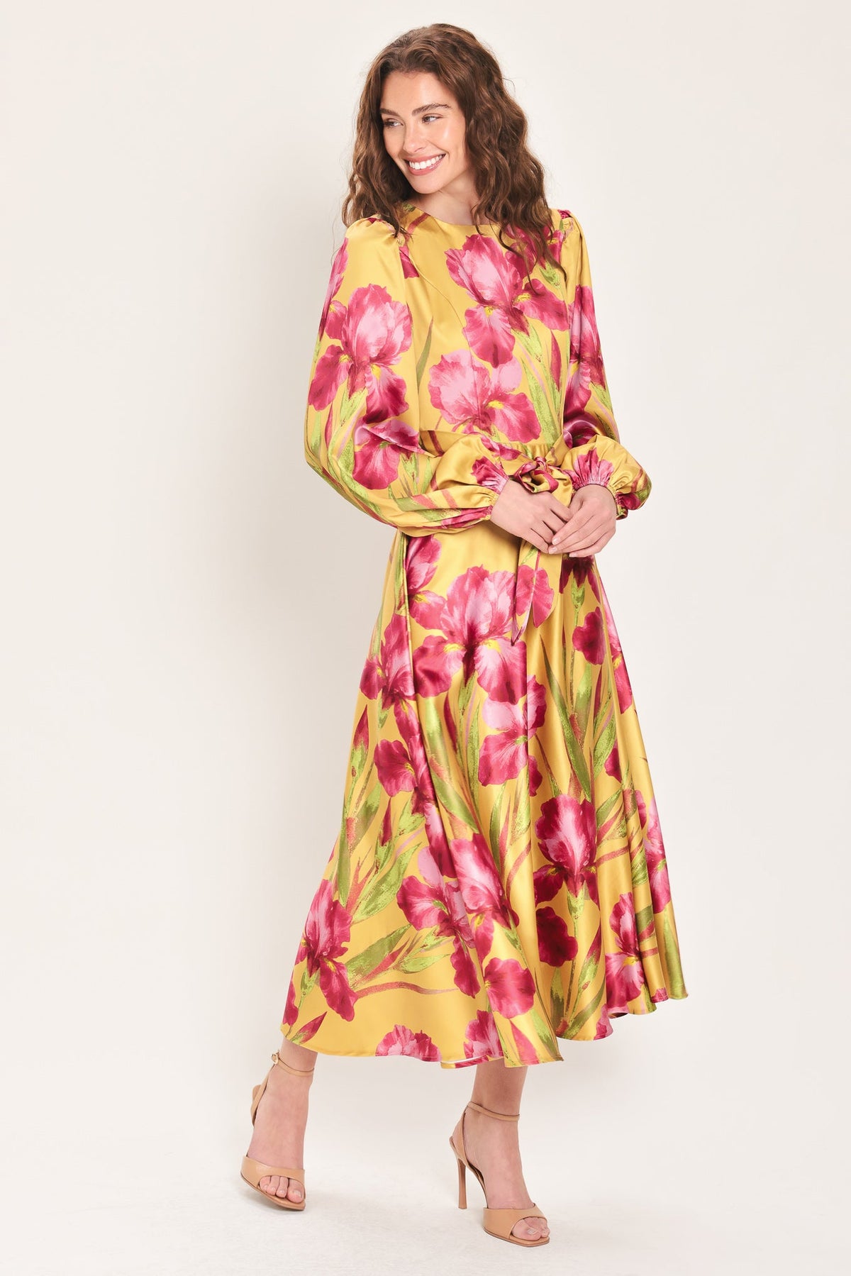 Golden Haze Golden Brown Printed Belted Midi Dress