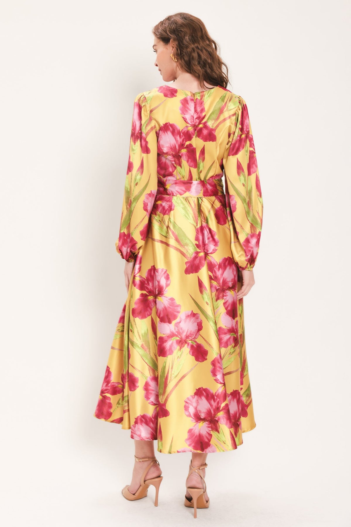 Golden Haze Golden Brown Printed Belted Midi Dress