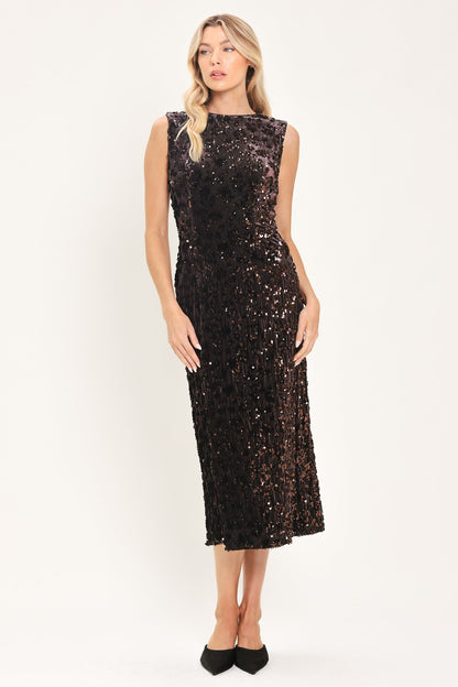 Mocha Spark Dark Brown Sequin Knit Midi Dress