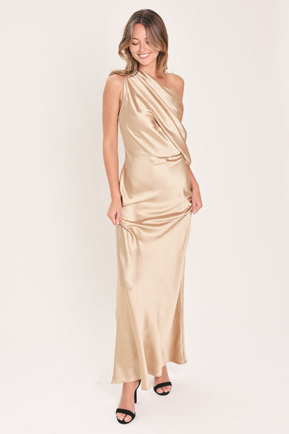 Gilded Drape Satin One-shoulder Maxi Dress