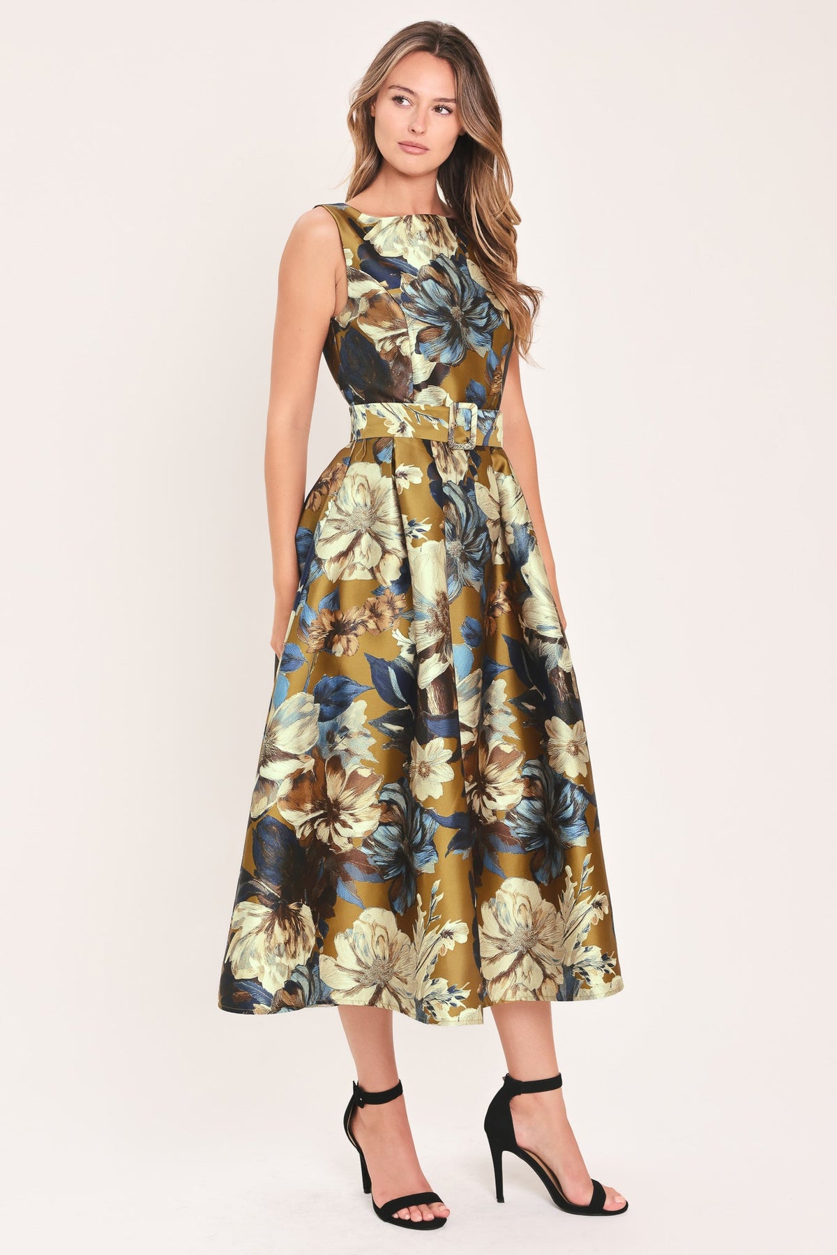 Golden Meadow Dijon Printed Belted Midi Dress