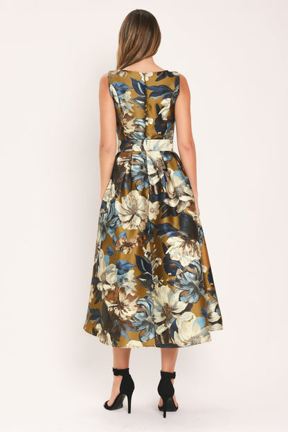 Golden Meadow Dijon Printed Belted Midi Dress