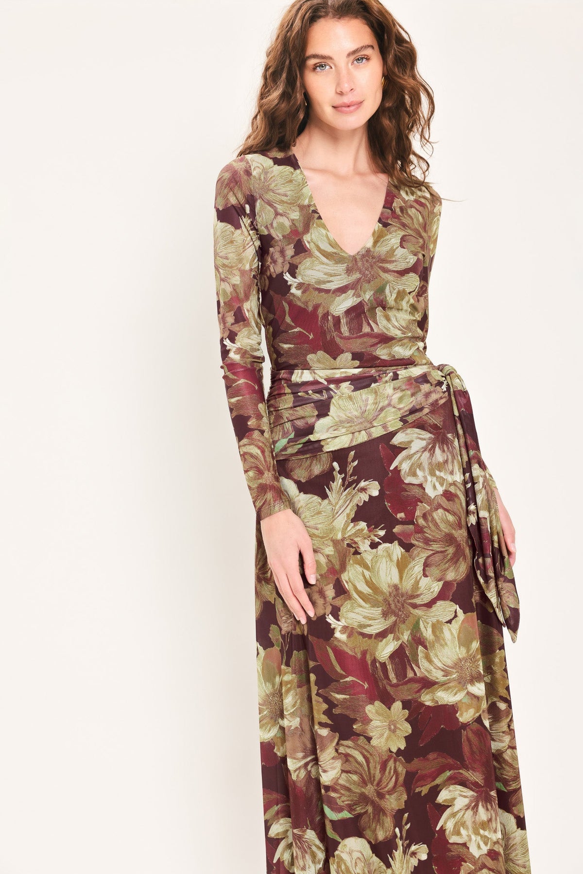 Maroon Muse Dark Maroon Printed Scarf-sash Mesh Maxi Dress