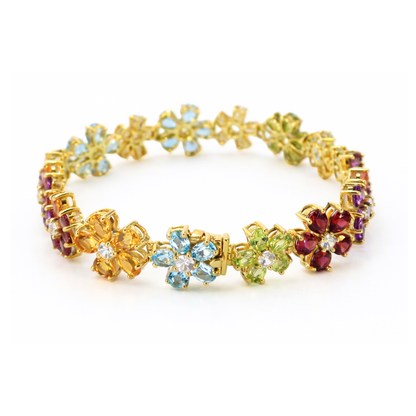 20.9 Ct Rainbow Multi-Gemstone Prong Yellow Gold Plated Silver Floral Cluster Inline Box Clasp Tennis Bracelet