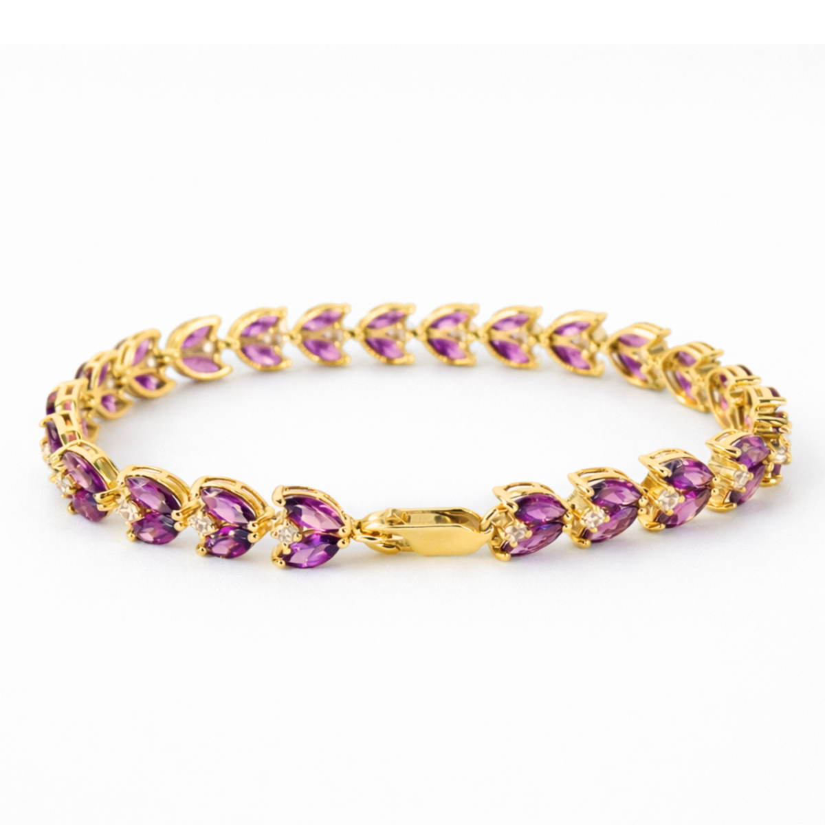 15.4 Ct Marquise Purple Rhodolite Garnet & Multi-Gemstone Prong Gold Plated Silver Leaf Cluster Tennis Bracelet