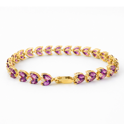 15.4 Ct Marquise Purple Rhodolite Garnet & Multi-Gemstone Prong Gold Plated Silver Leaf Cluster Tennis Bracelet