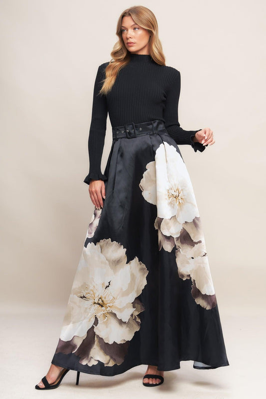 Midnight Bloom Belted Woven Maxi Skirt