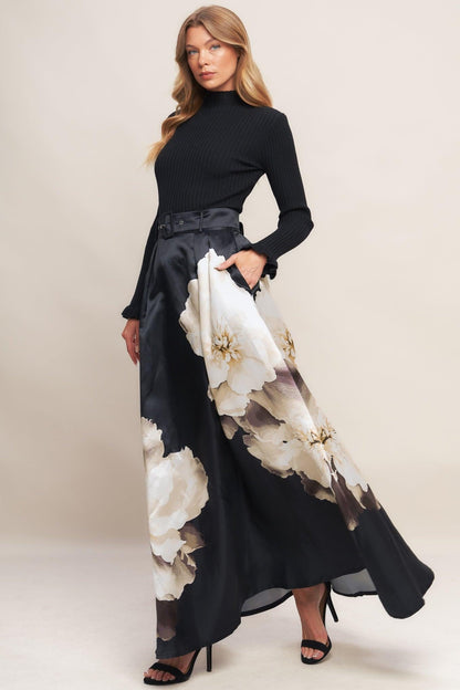 Midnight Bloom Belted Woven Maxi Skirt