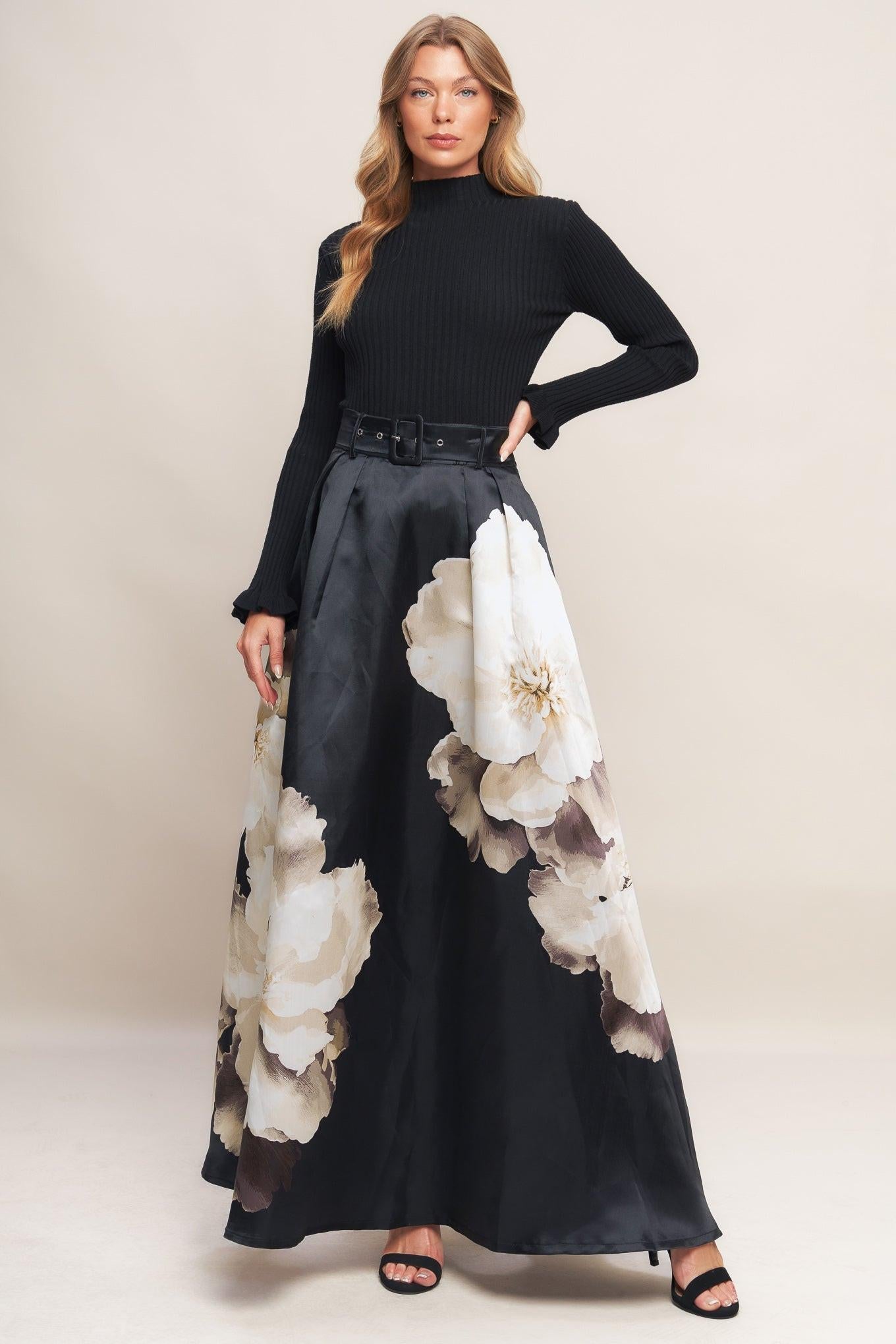 Midnight Bloom Belted Woven Maxi Skirt