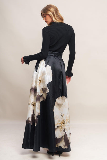 Midnight Bloom Belted Woven Maxi Skirt