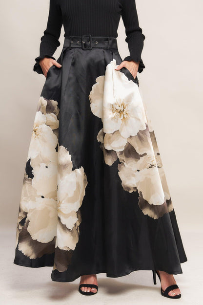 Midnight Bloom Belted Woven Maxi Skirt
