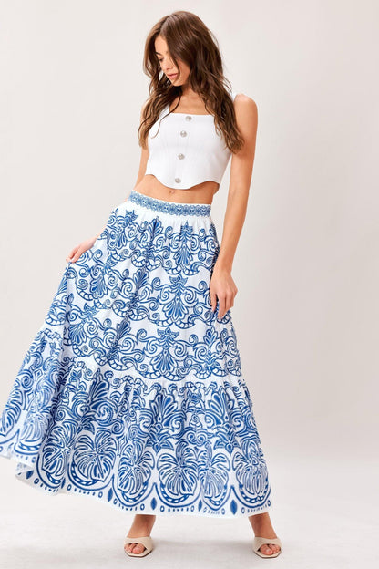 Azure Ornate Woven Full Midi Skirt