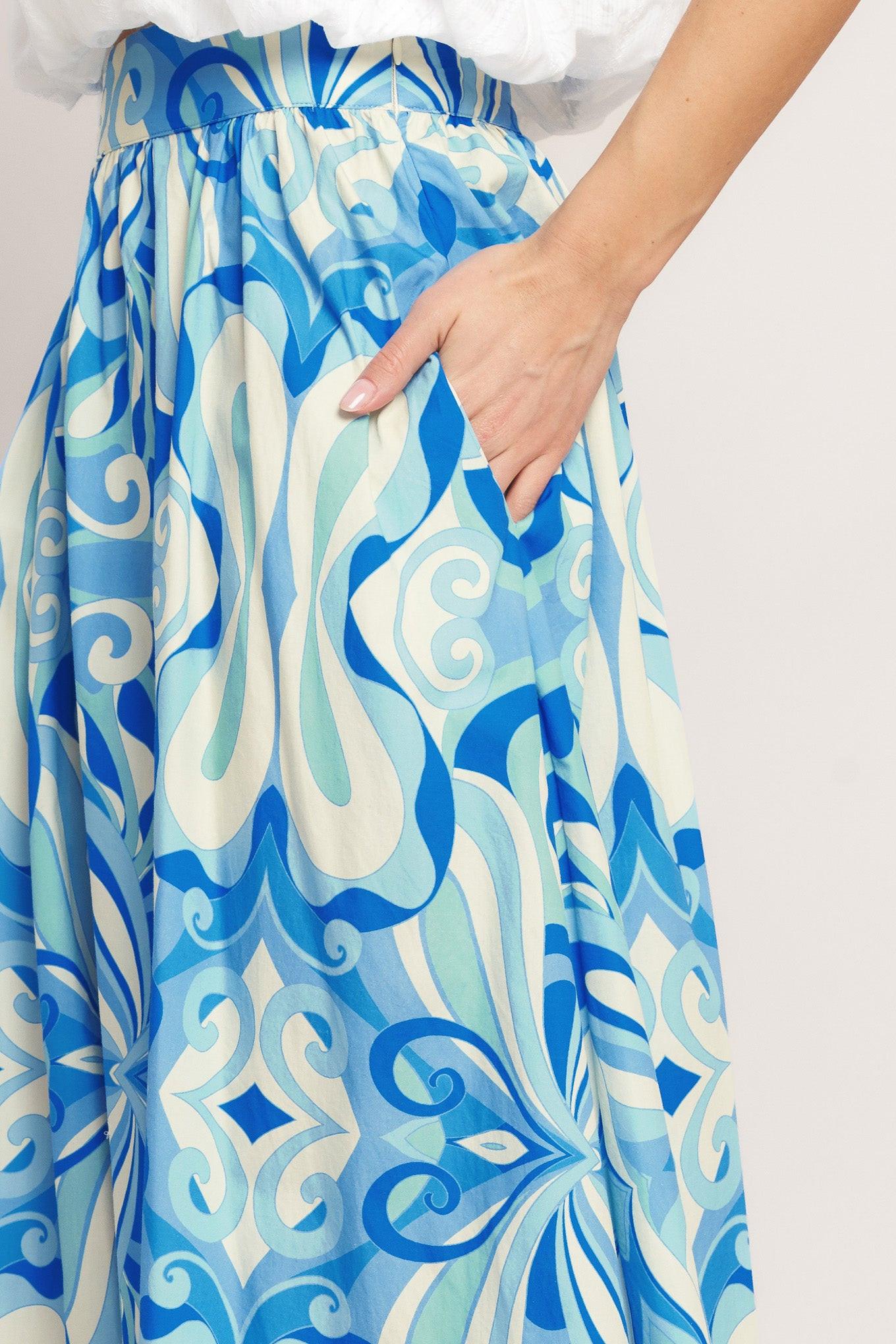 Ocean Whirl Woven Full Midi Skirt