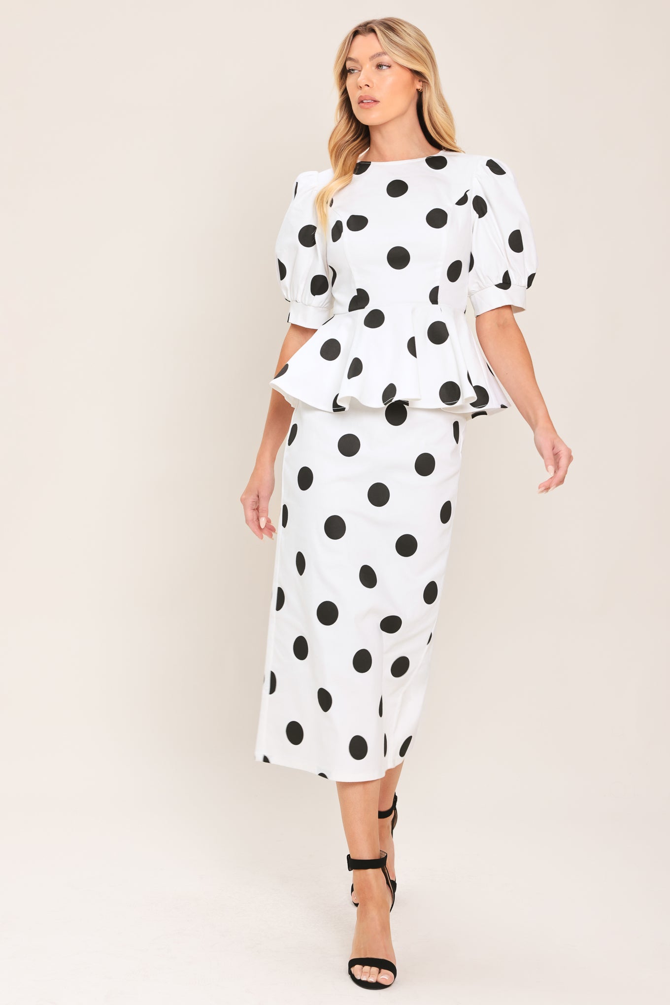 Retro Polka Dot Woven Midi Pencil Skirt