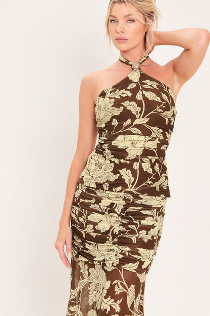 Earthy Floral Temptation Power Mesh Maxi Skirt