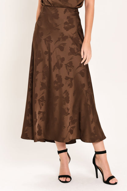 Chocolate Floral Woven Jacquard Midi Skirt