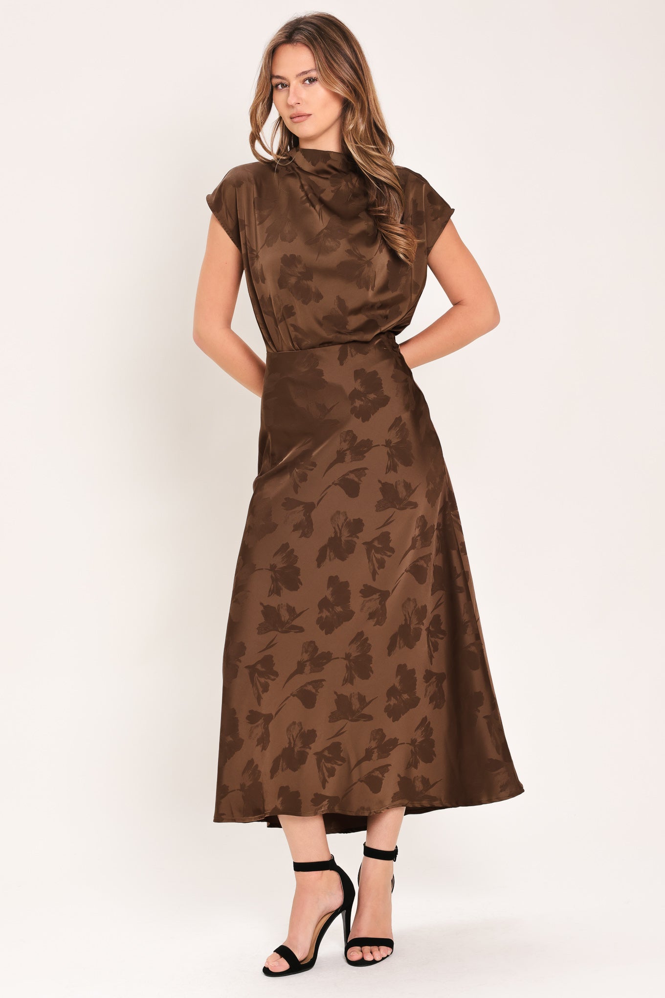 Chocolate Floral Woven Jacquard Midi Skirt