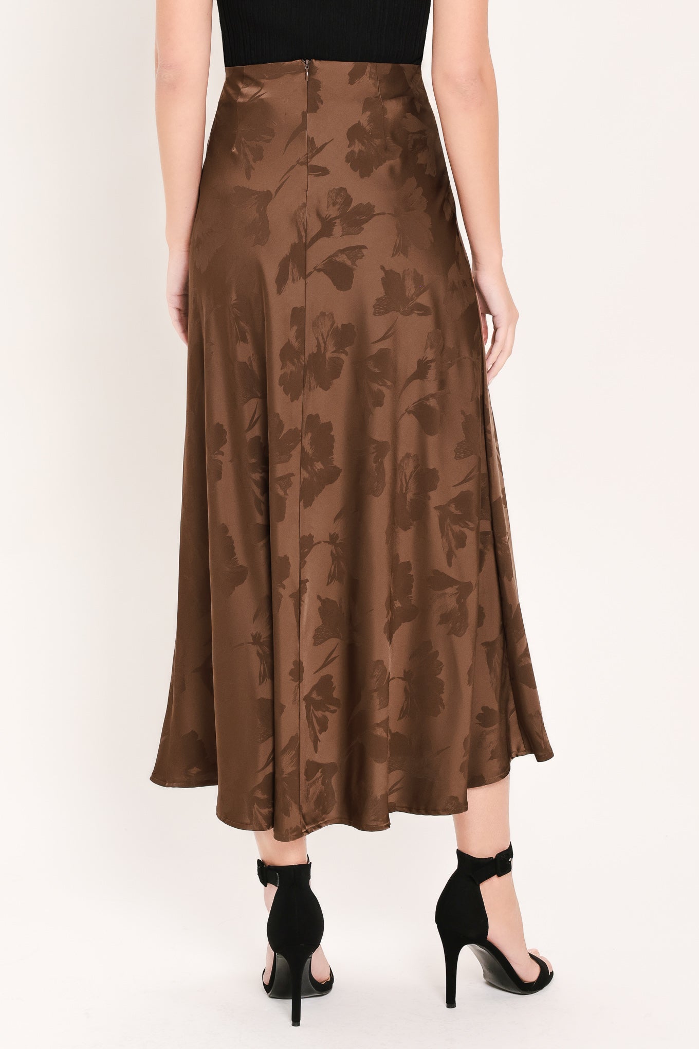 Chocolate Floral Woven Jacquard Midi Skirt