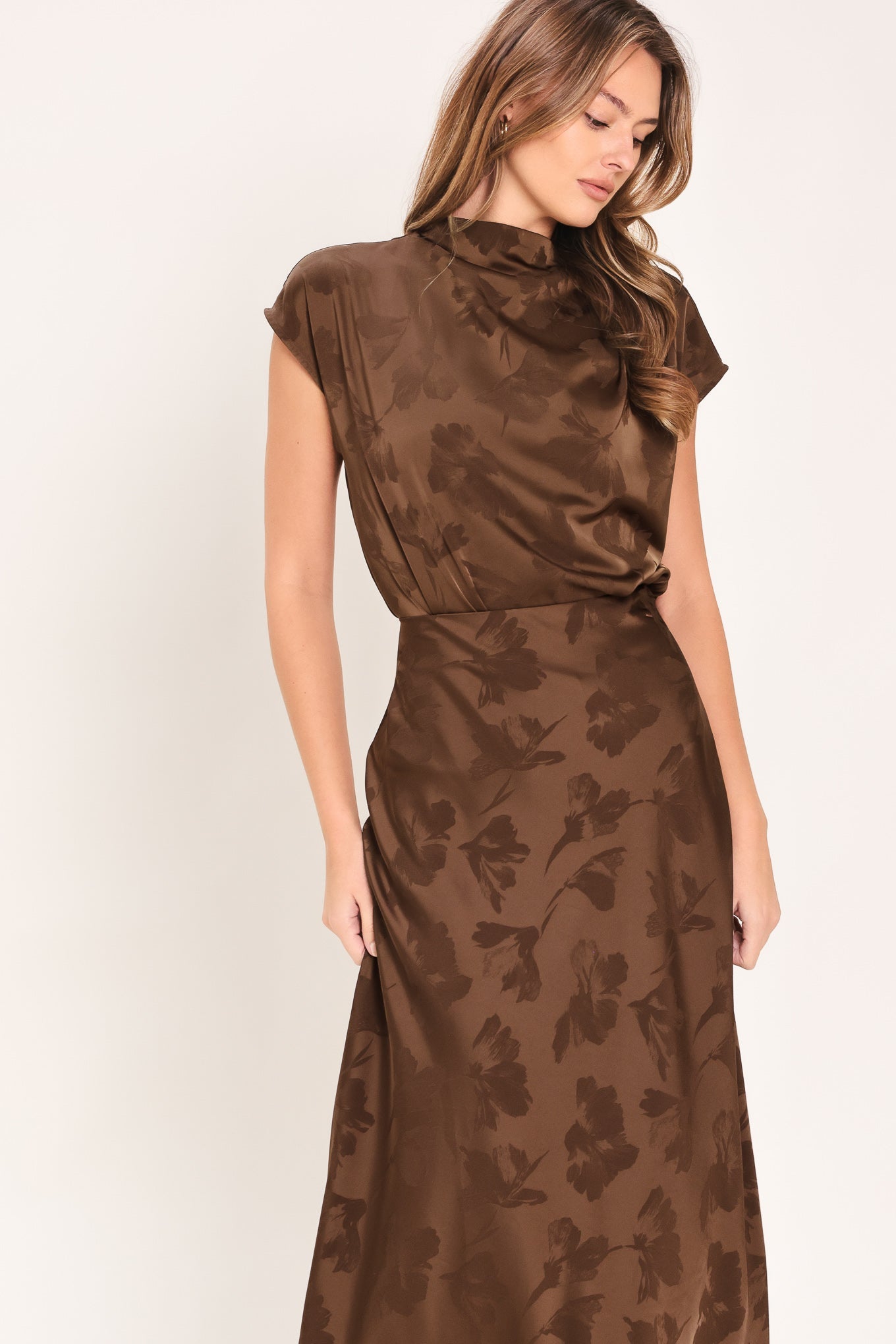 Chocolate Floral Woven Jacquard Midi Skirt
