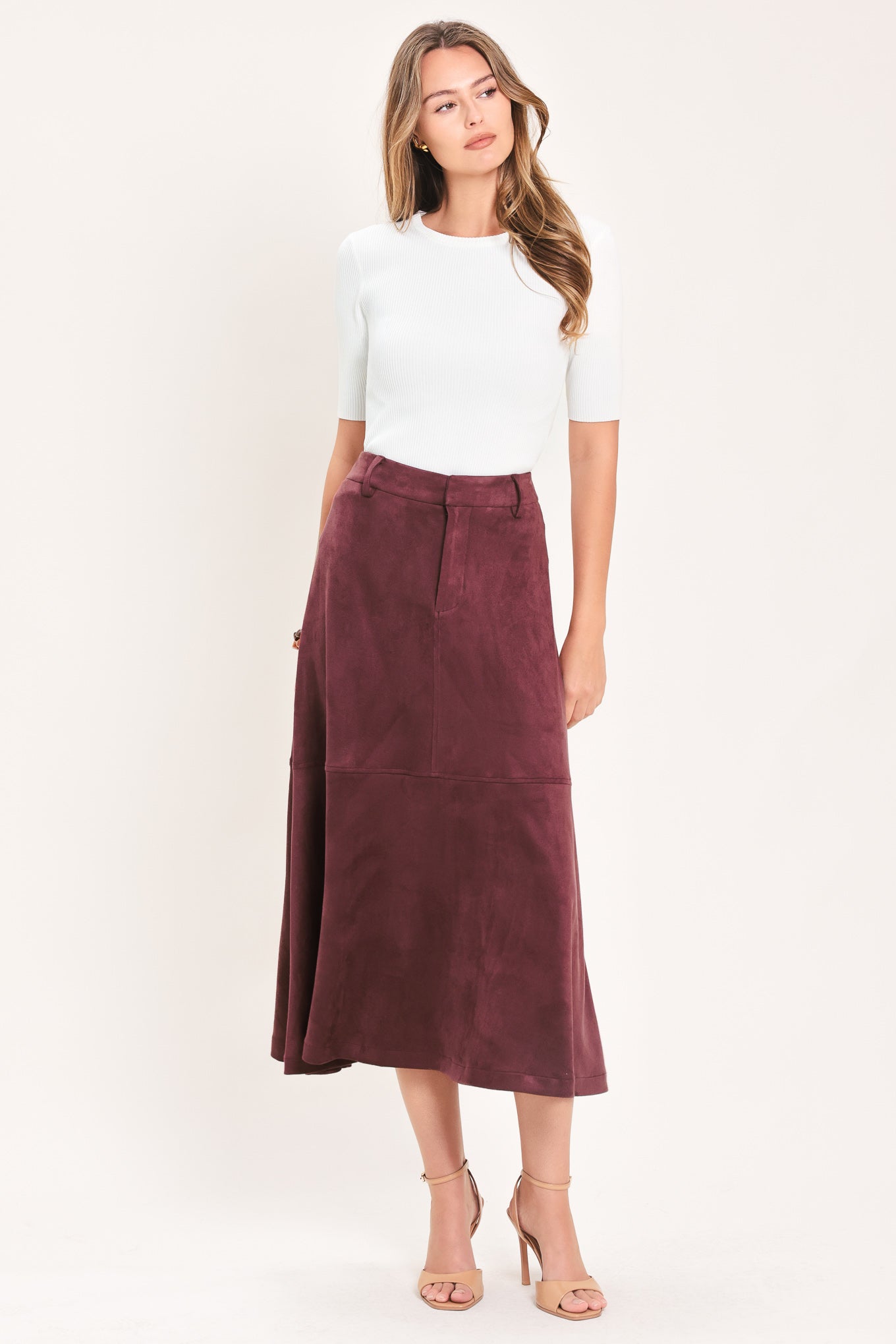 Wineberry Meadow Muse Faux Suede Midi Skirt
