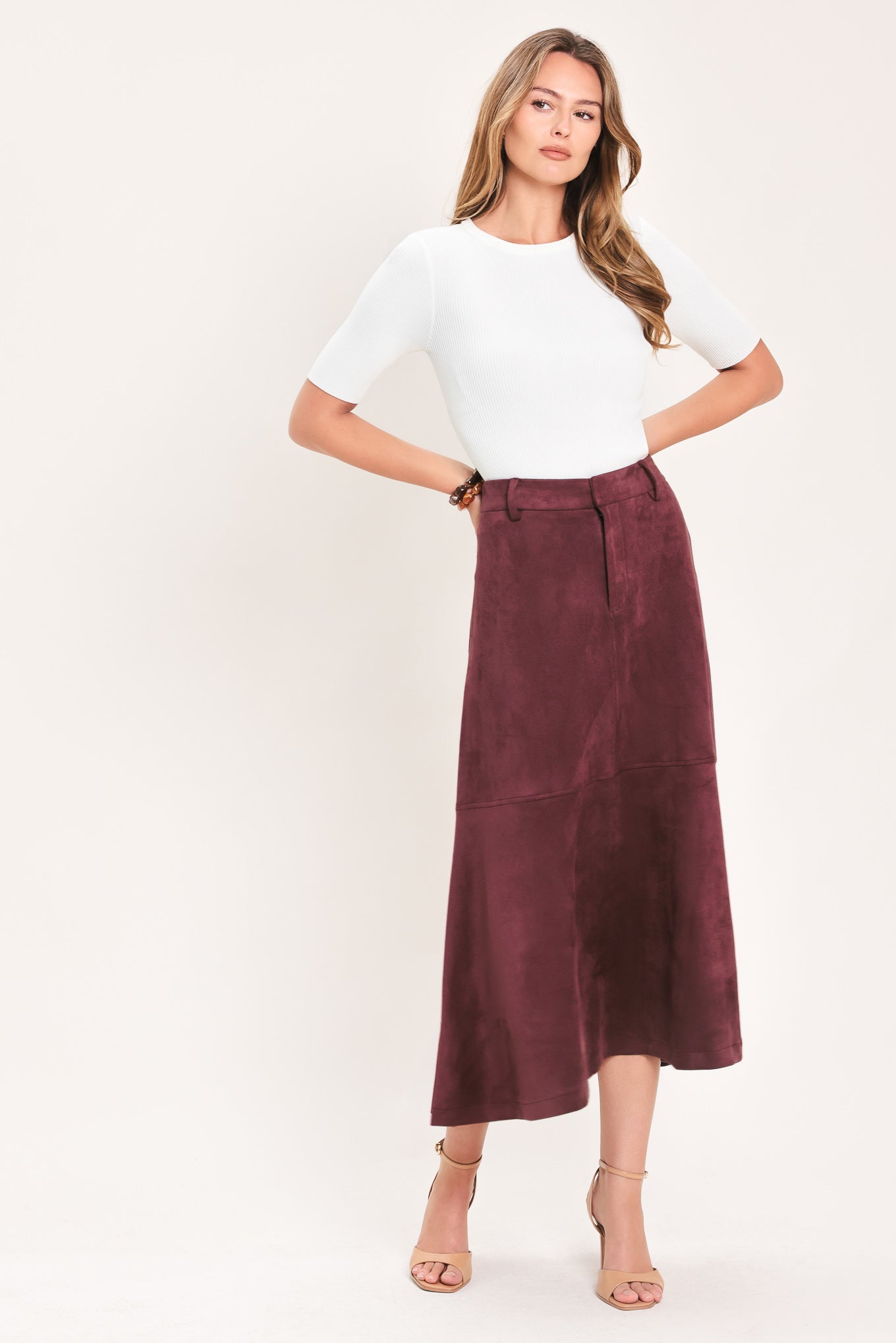 Wineberry Meadow Muse Faux Suede Midi Skirt
