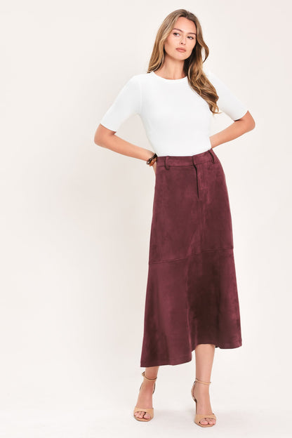 Wineberry Meadow Muse Faux Suede Midi Skirt