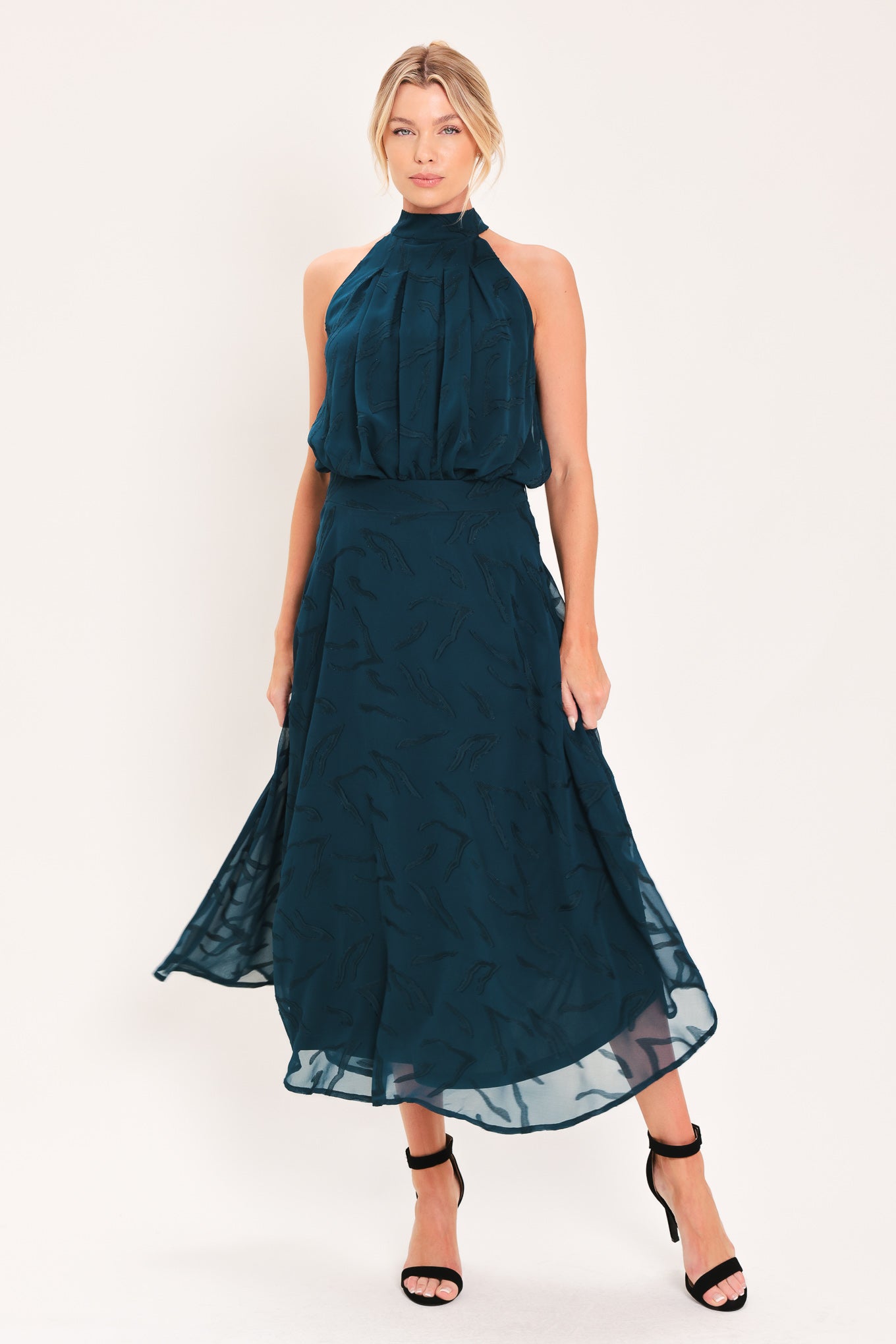 Teal Shadow Sway Woven Jacquard Circle Midi Skirt