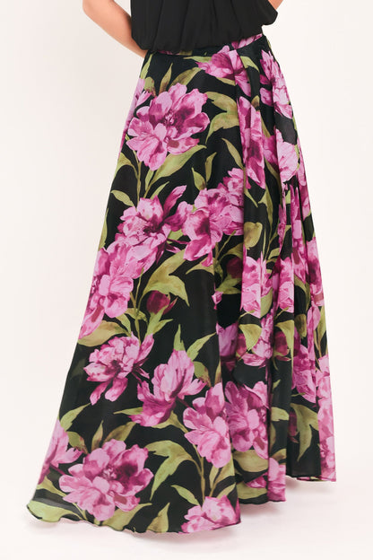 Noir Garden Black Printed Full-circle Maxi Skirt