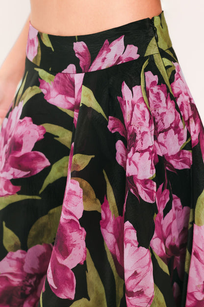Noir Garden Black Printed Full-circle Maxi Skirt