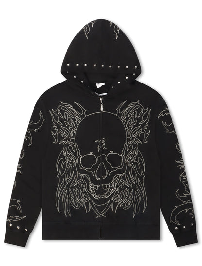 Revenge Tribal Skull Studded Zip-Up - Black/Silver