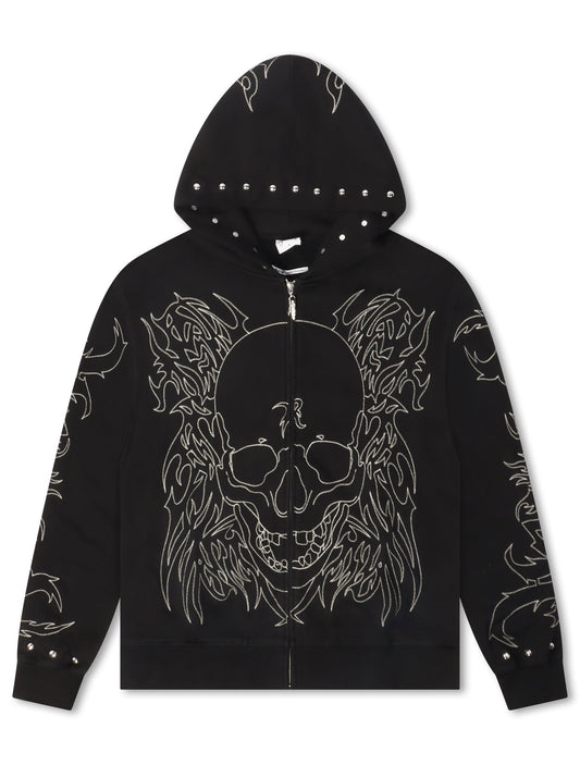 Revenge Tribal Skull Studded Zip-Up - Black/Silver