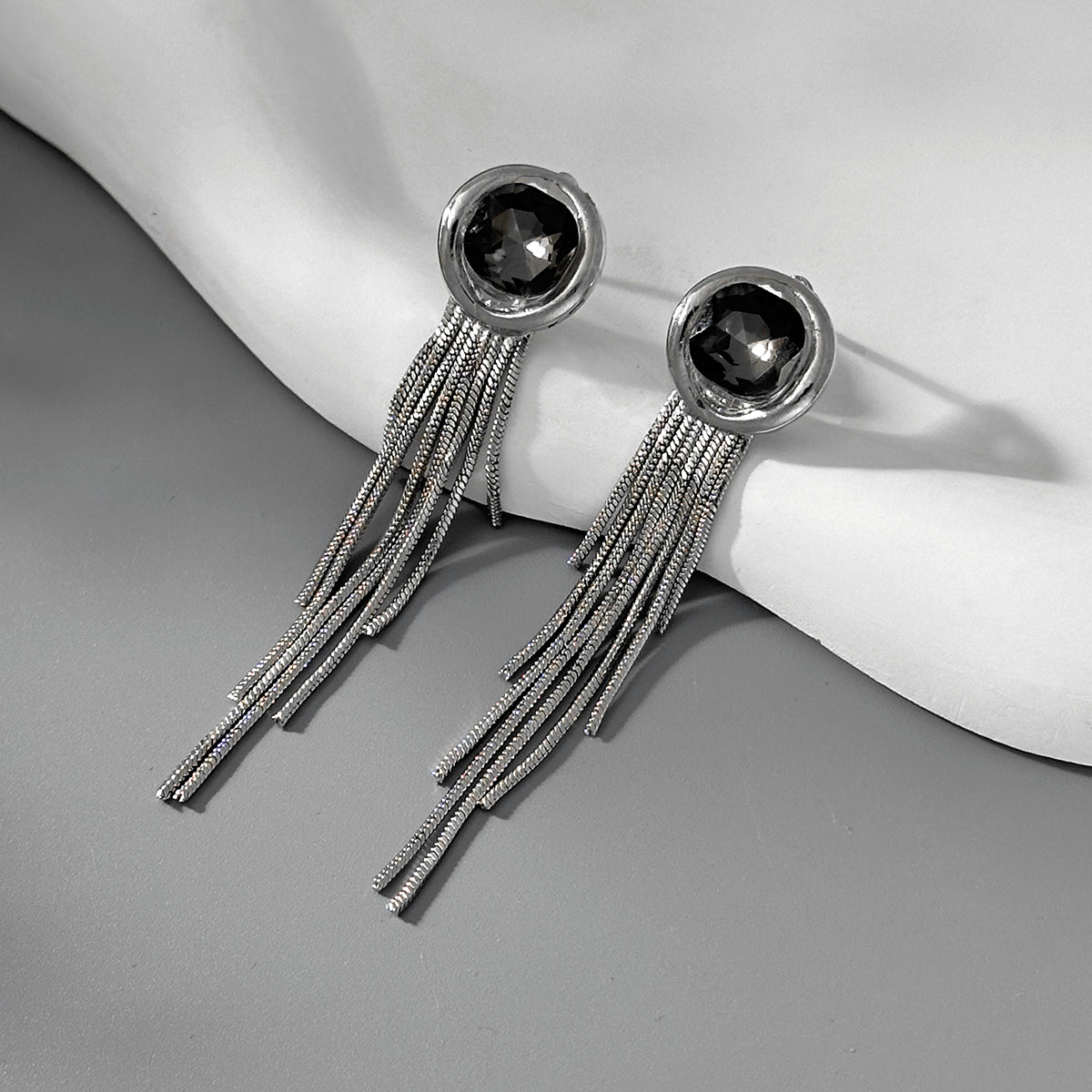 Gray Crystal & Silvertone Round Tassel Dangle Earrings