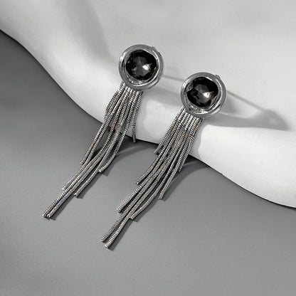 Gray Crystal & Silvertone Round Tassel Dangle Earrings